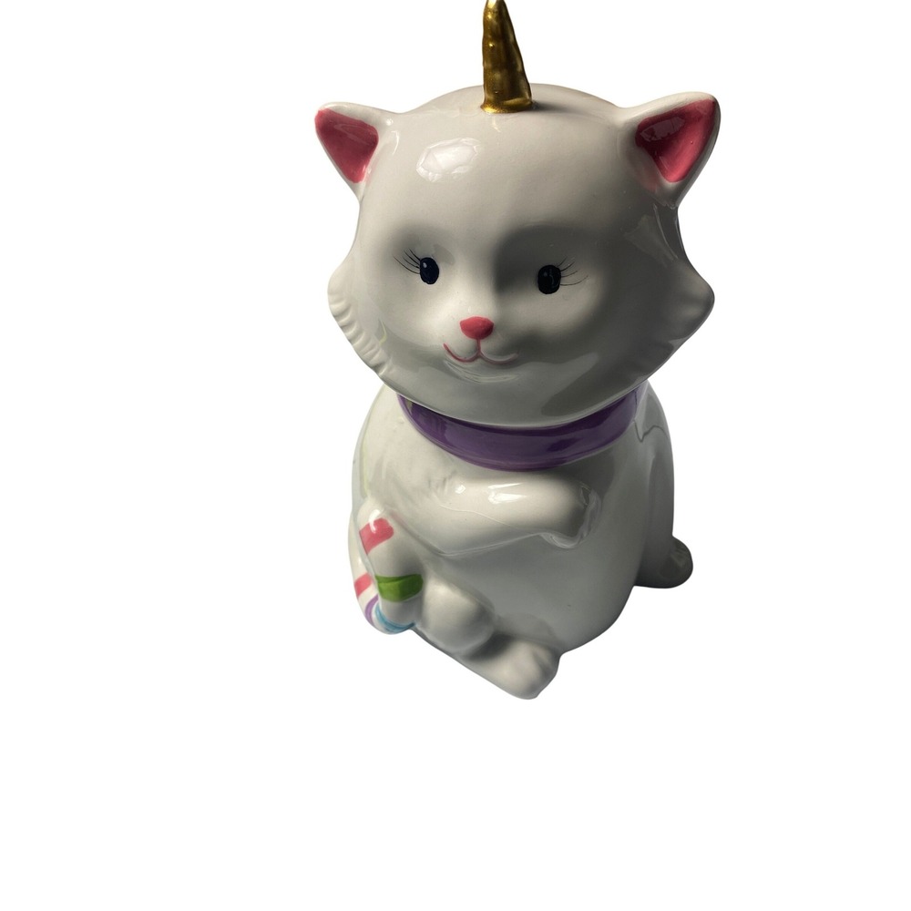 Whimsical Ceramic Unicorn Cat Caticorn Figurine White Rainbow Tail 7 Inch